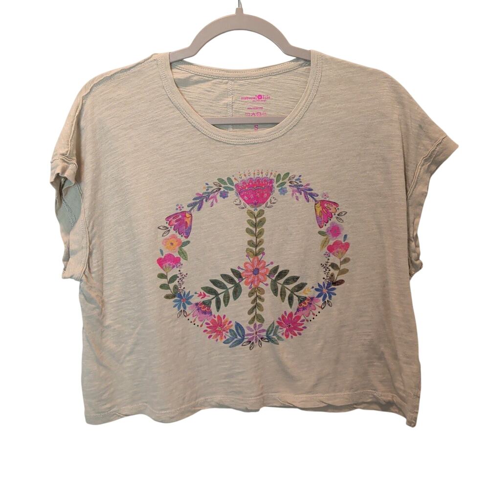 Natural Life Sz S Frankie Cotton Boxy Cropped T Shirt Floral Peace Sign Boho